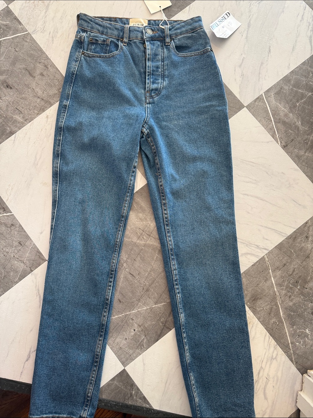 Sezane High-Rise Straight Jeans in Medium Blue Wash